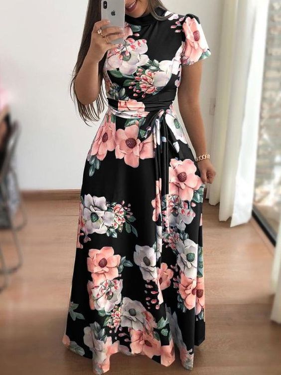 Women Summer Casual Long Dress Boho Floral Print Maxi Dress Turtleneck Bandage Elegant Dresses