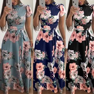 Women Summer Casual Long Dress Boho Floral Print Maxi Dress Turtleneck Bandage Elegant Dresses