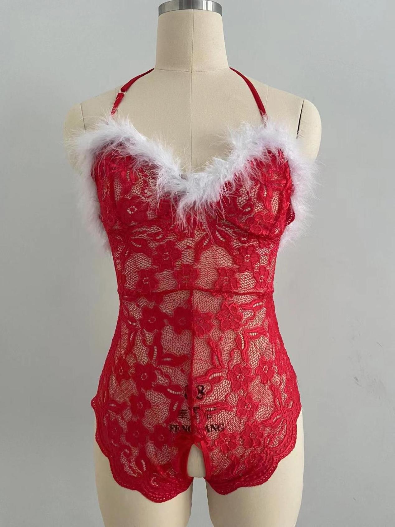 Christmas  women sexy lingerie lace fur halter sexy bodysuit popular sensual perspective erotic christmas  bodysuit