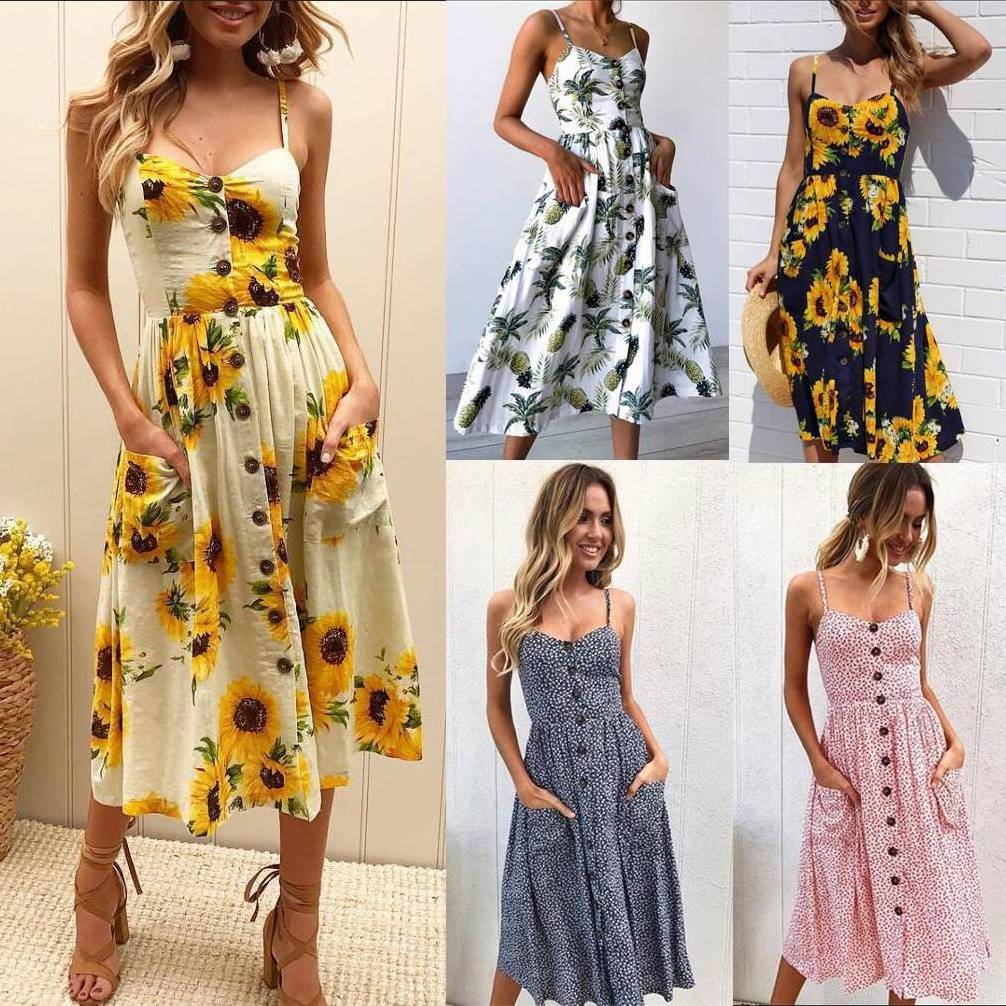 Sunflower pineapple pattern print halter button backless sexy dress women 36 color 6 size T1369