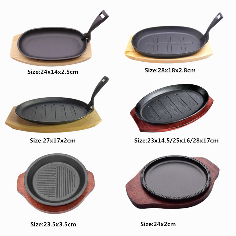 OEM ODM Cast Iron Cookware frying pan skillet Cooking steak plate cast iron grill pan sizzling hot plate with wooden base