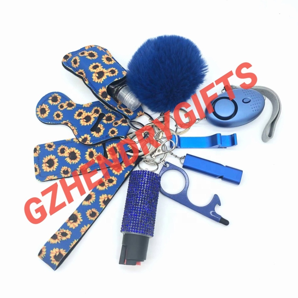 Hot Sale Customized Women Self Defense Keychain Girl Personal LED Flashlight Alarm Lady Self Defense Protect Keychains Set