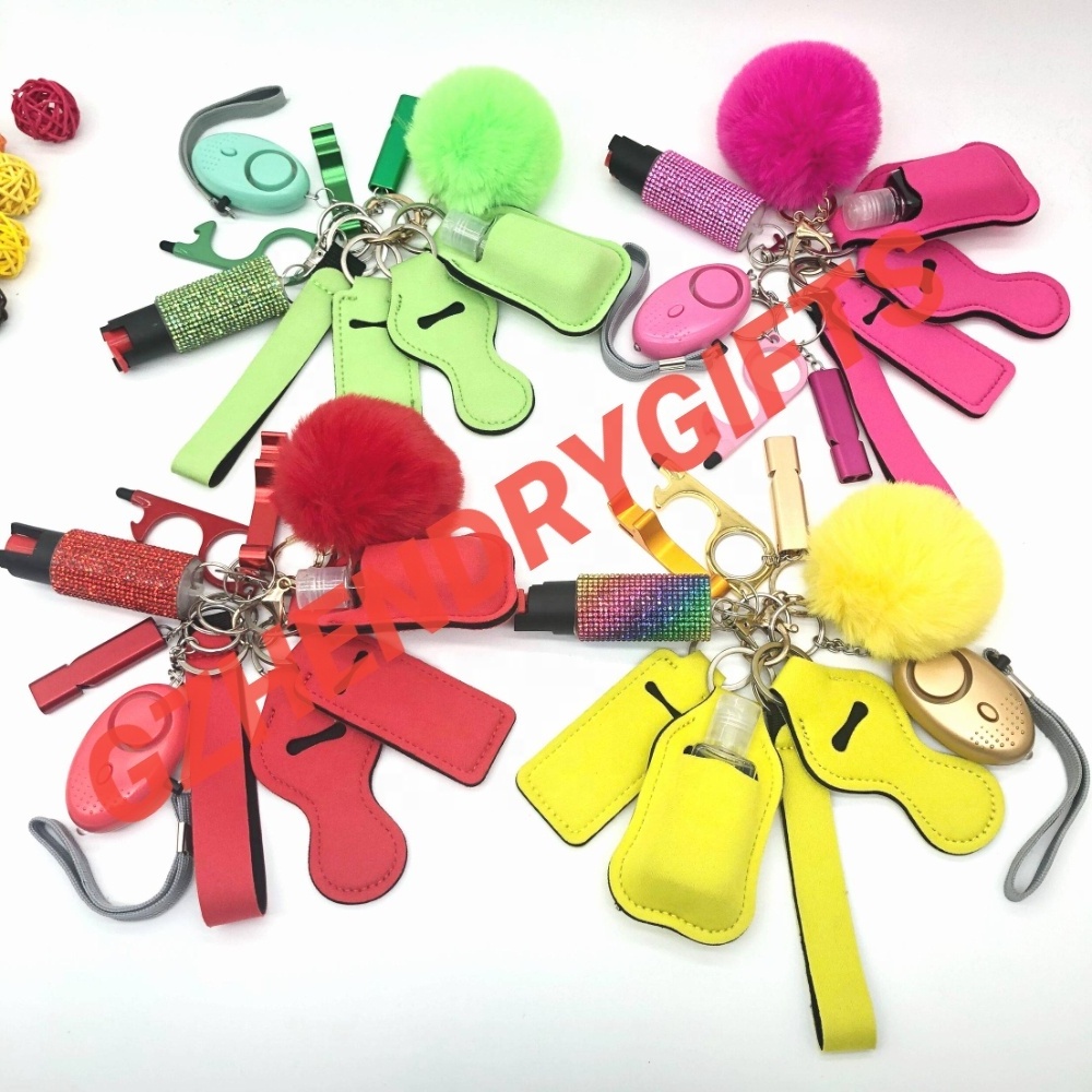 Hot Sale Customized Women Self Defense Keychain Girl Personal LED Flashlight Alarm Lady Self Defense Protect Keychains Set