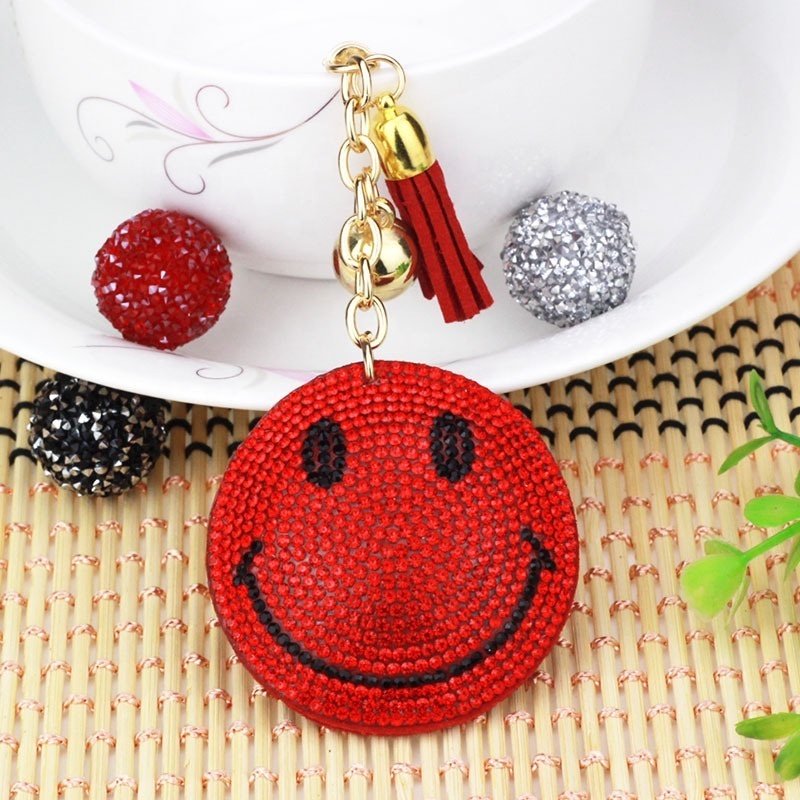 Wholesale Smiling Face Shape Rhinestone Leather Key Chains Tassel Key Chain Pendant Flannel Bling Sparkling Keychain