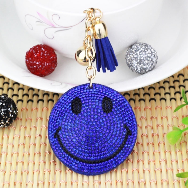 Wholesale Smiling Face Shape Rhinestone Leather Key Chains Tassel Key Chain Pendant Flannel Bling Sparkling Keychain