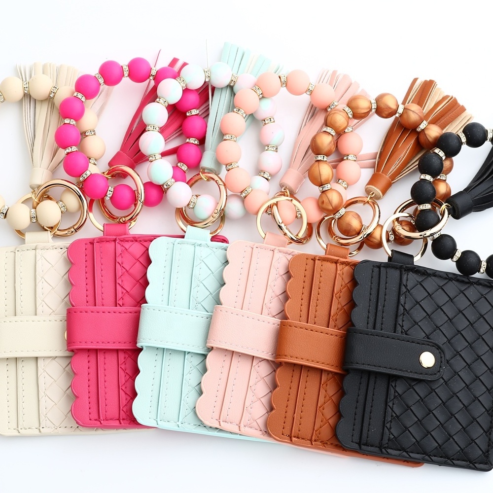 Weave Custom Girl Mini Coin Cute Ladies RFID Women Credit Card Bracelets Leather Wristlet Keychain Silicone Card Holder Wallet