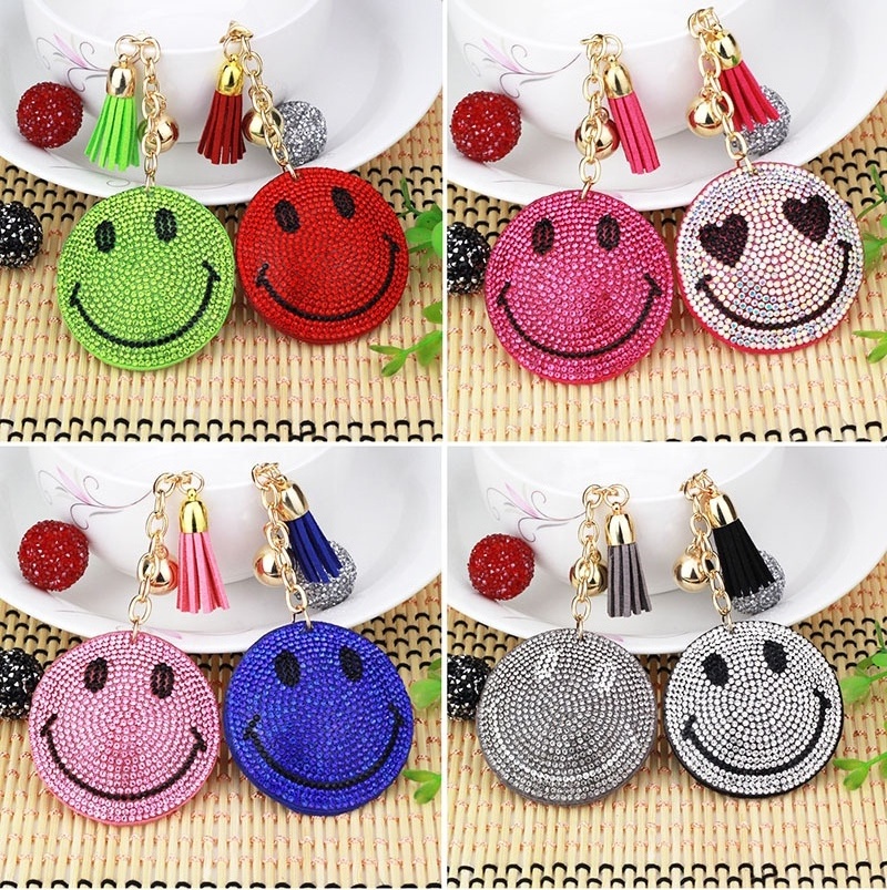 Wholesale Smiling Face Shape Rhinestone Leather Key Chains Tassel Key Chain Pendant Flannel Bling Sparkling Keychain