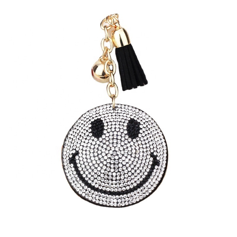 Wholesale Smiling Face Shape Rhinestone Leather Key Chains Tassel Key Chain Pendant Flannel Bling Sparkling Keychain