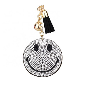 Wholesale Smiling Face Shape Rhinestone Leather Key Chains Tassel Key Chain Pendant Flannel Bling Sparkling Keychain