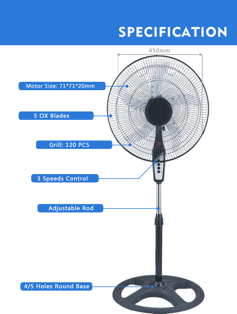 Africa Hot Selling Model Lebanon 3 Speeds Oscillating 5 OX AS Blade 18 inch 450 mm AC Electric Type Stand Fan with Metal Grill