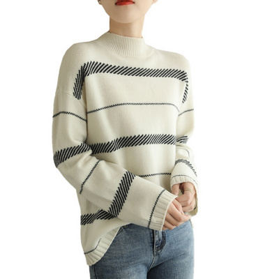 New design round neck wool women's striped shirt black and white half turtleneck sweater