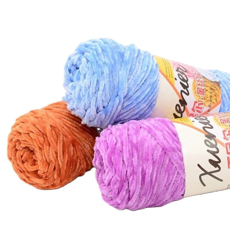 Hot sale  Hand Knitting Raw Chunky Velvet Chenille Yarn Crochet Wool Dyed Fancy 100% Polyester Baby 100g Open End / OE High Twis