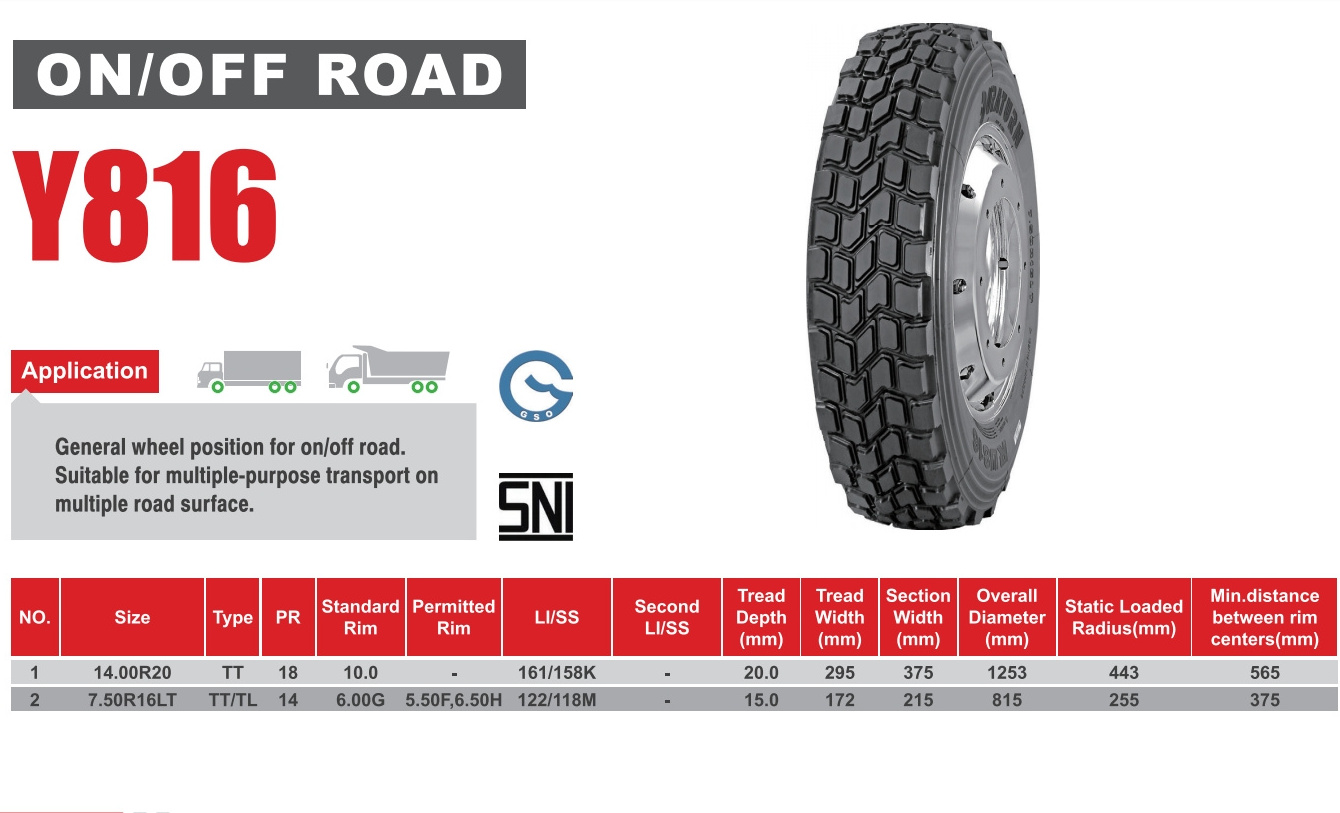 Y816 7.5R16LT General Wheel Position Tube On/Off Road Light Truck Tire Drive/Back/Trailer/Steer/Direction/Front for Truck Tyre