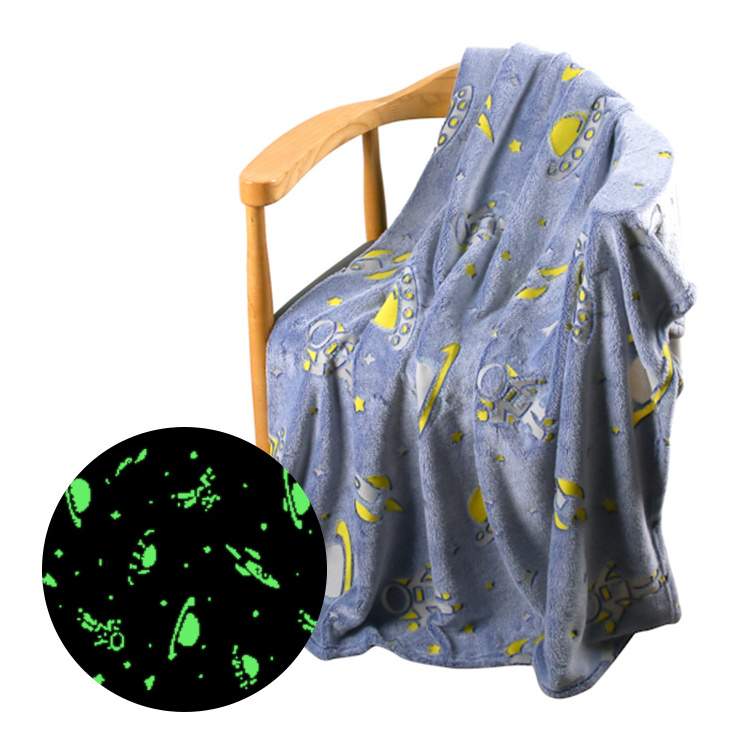 Factory wholesale high quality cozy rocket spaceship print blanket glow in the dark luminous blanket