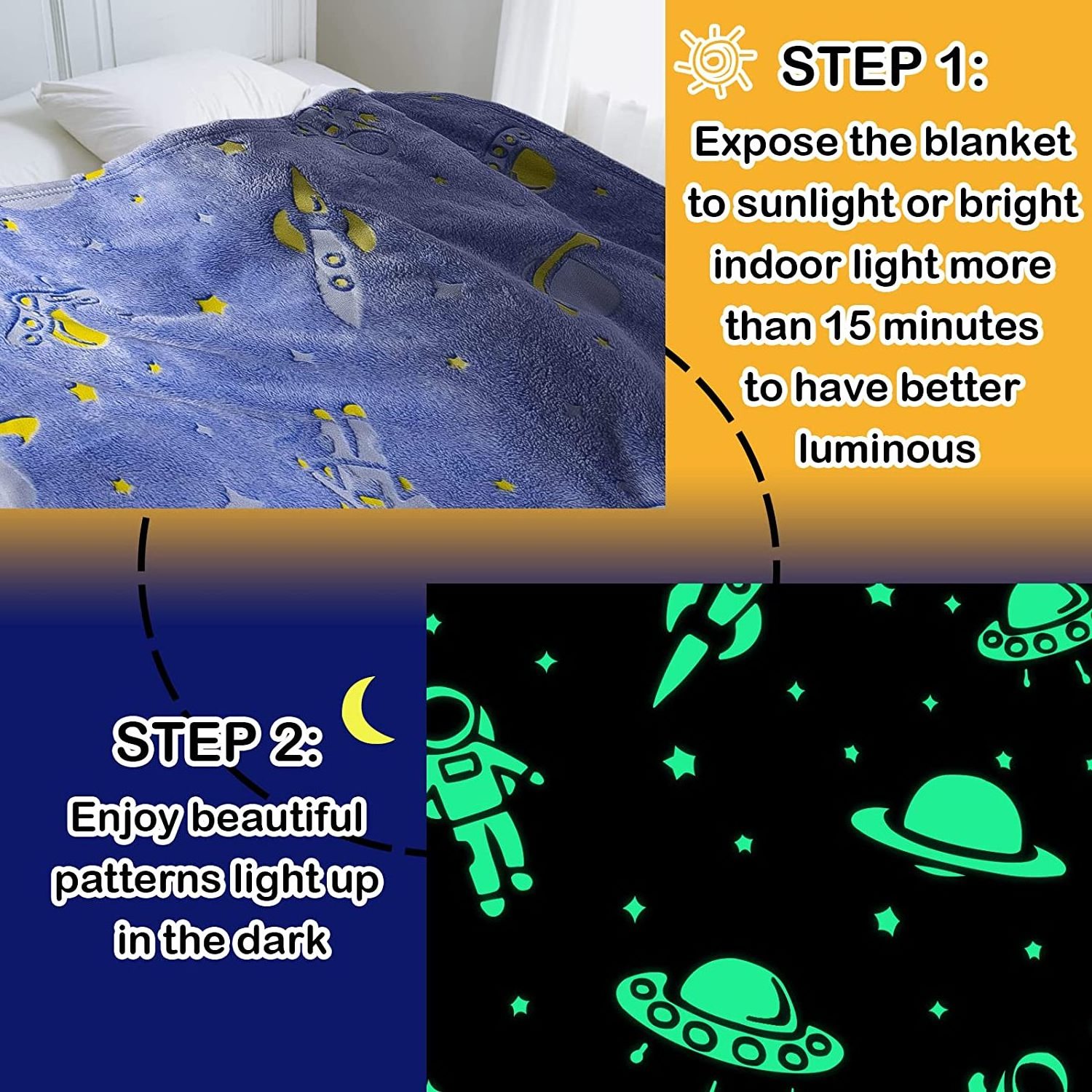 Factory wholesale high quality cozy rocket spaceship print blanket glow in the dark luminous blanket