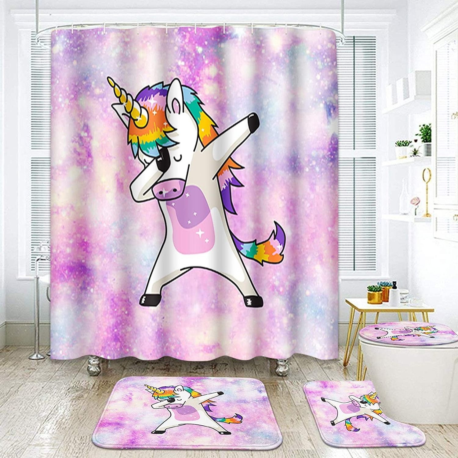 Funny Unicorn Dance Kid Horse Animal Child Non-Slip Bath Rugs And Shower Curtains Set 4 Pcs European