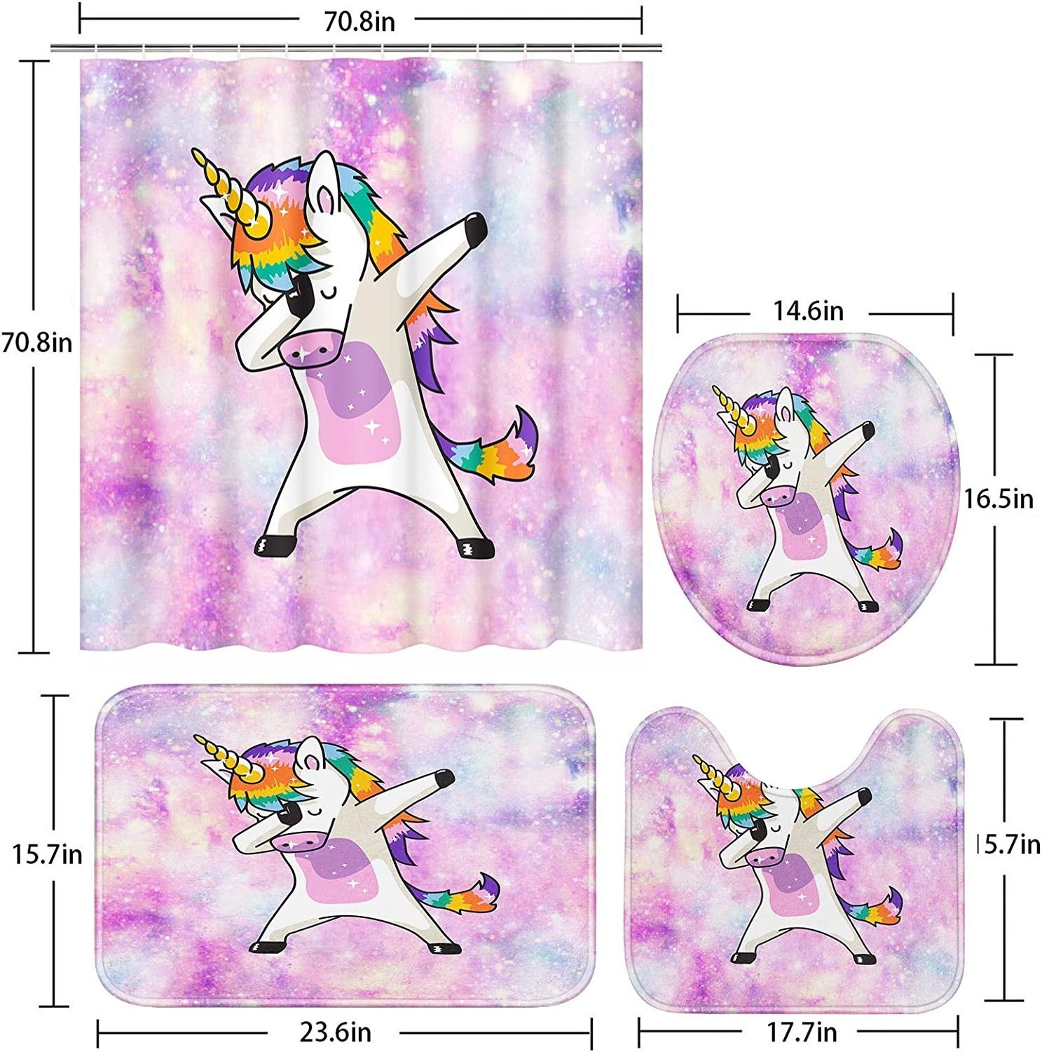 Funny Unicorn Dance Kid Horse Animal Child Non-Slip Bath Rugs And Shower Curtains Set 4 Pcs European