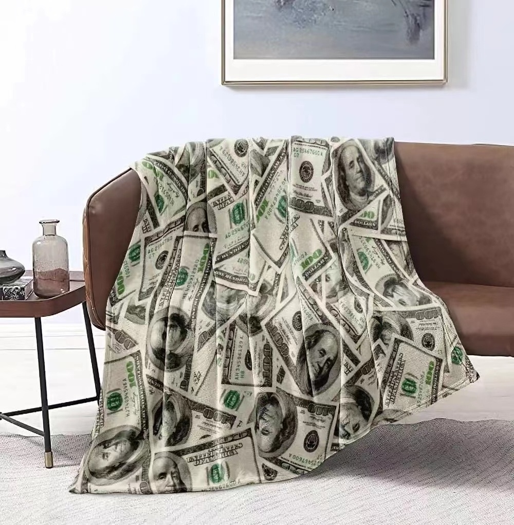 Custom Flannel Fleece Dollar Printed Throw Blanket Money Wealth Themed Super Soft Coral Luxury Blanket