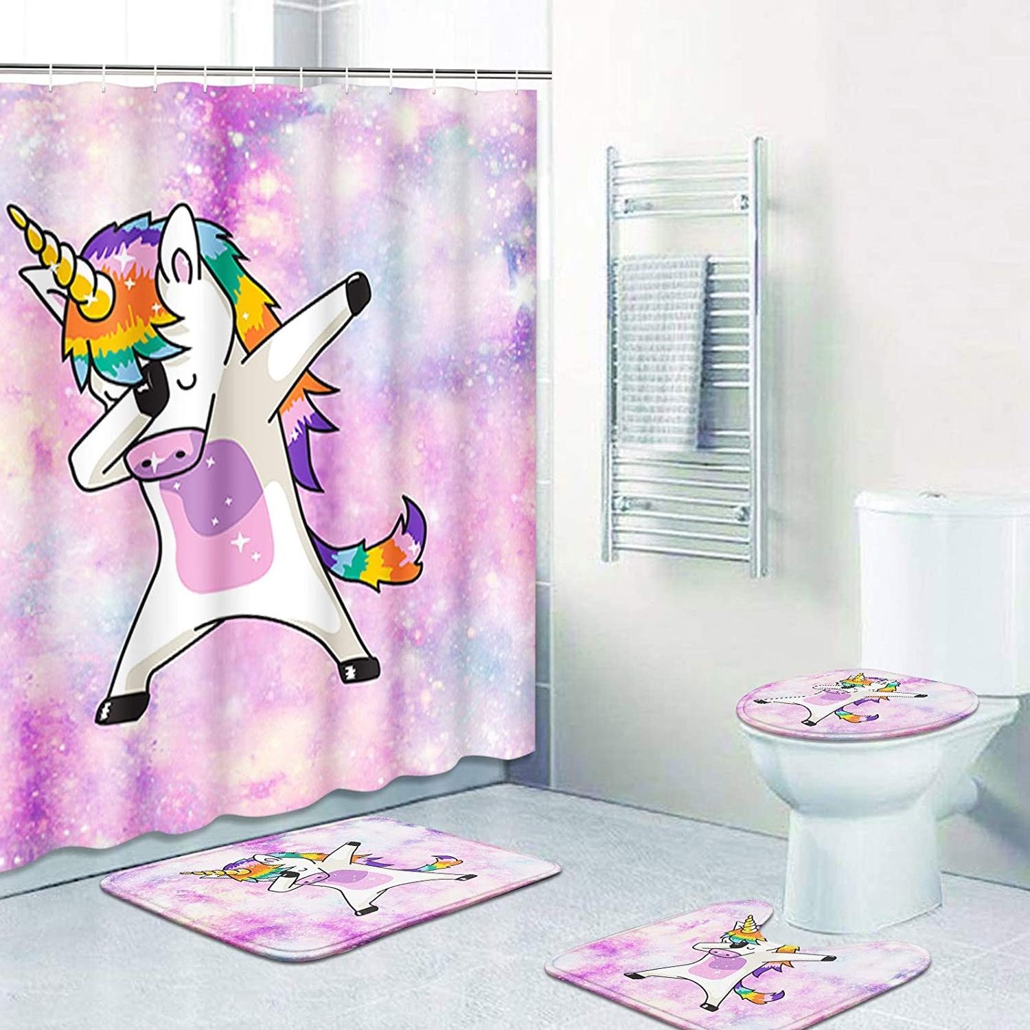 Funny Unicorn Dance Kid Horse Animal Child Non-Slip Bath Rugs And Shower Curtains Set 4 Pcs European