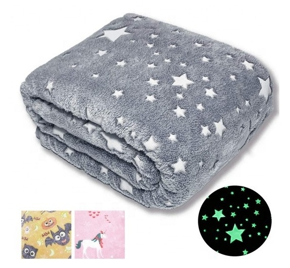 100% Polyester print star mantas luminoso super soft magic plush throw glow in the dark flannel shine blankets