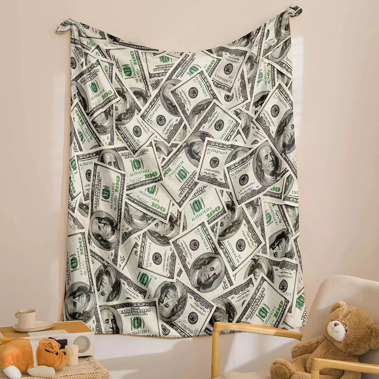 Custom Flannel Fleece Dollar Printed Throw Blanket Money Wealth Themed Super Soft Coral Luxury Blanket