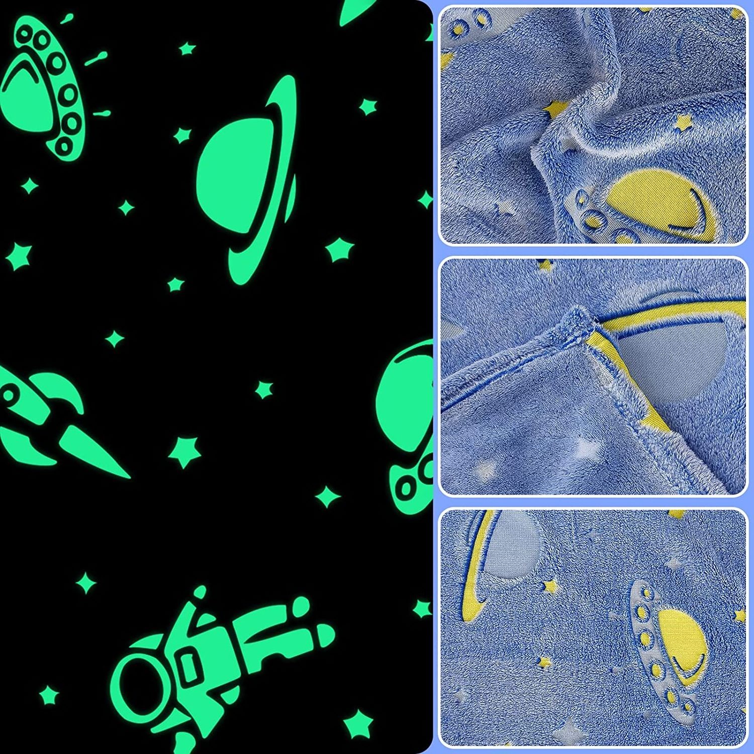 Factory wholesale high quality cozy rocket spaceship print blanket glow in the dark luminous blanket