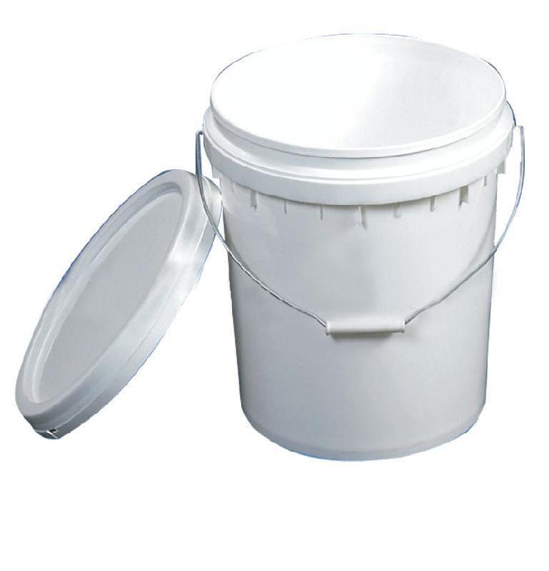 white plastic bucket with metal lid