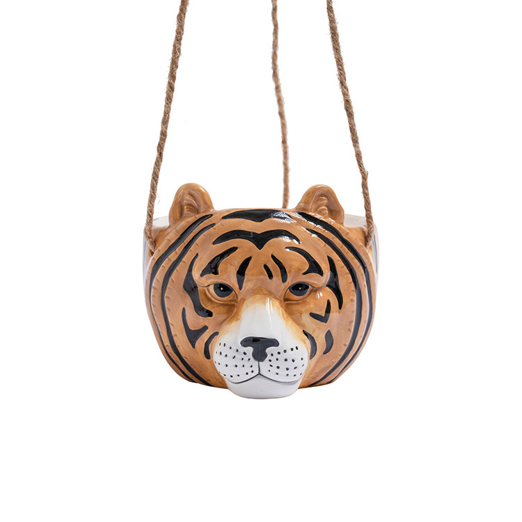 Wholesale Ceramic Hanging Planter Ceramic Wall pot for tiger design with Rope