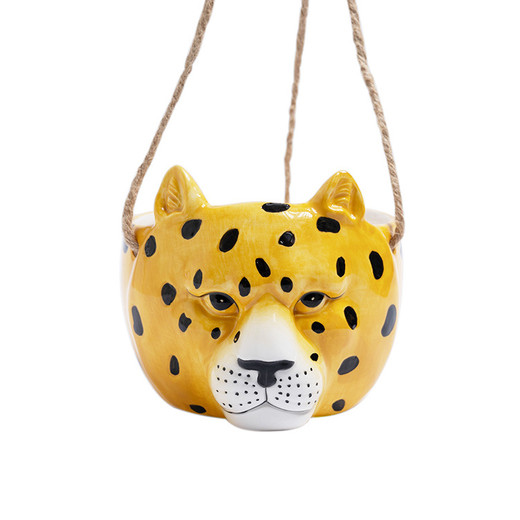 Wholesale Ceramic Hanging Planter Ceramic Wall pot for tiger design with Rope