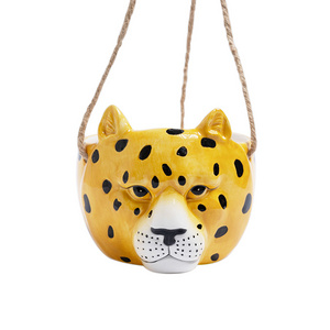 Wholesale Ceramic Hanging Planter Ceramic Wall pot for tiger design with Rope