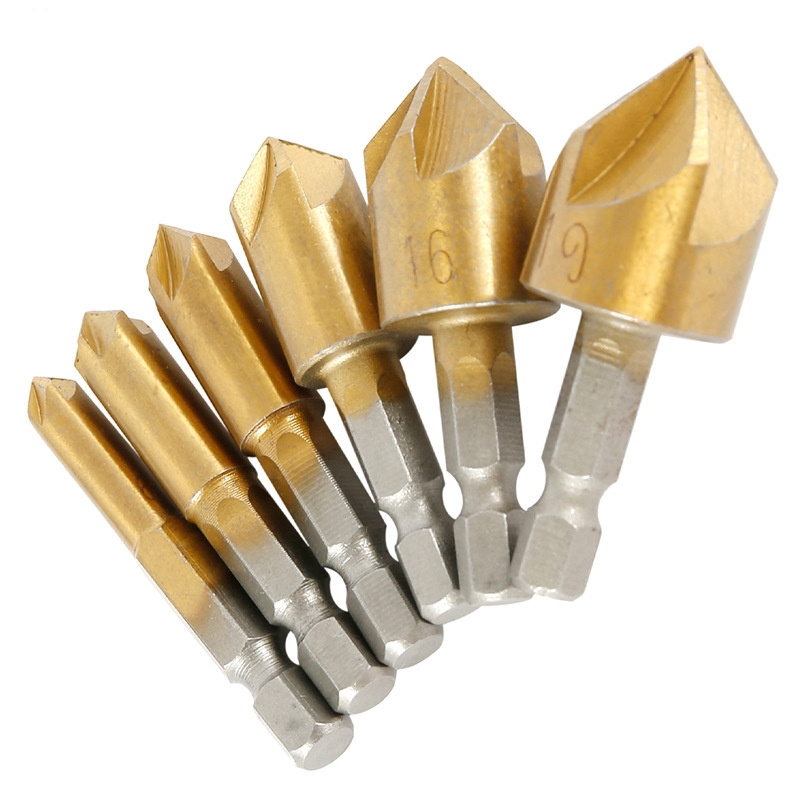 6Pcs Countersink Drill Bit Set 1/4'' Hex Shank HSS Counter bore Reamer Chamfer 5 Flute 90 Degree Center Punch Tool Set 6mm-19mm