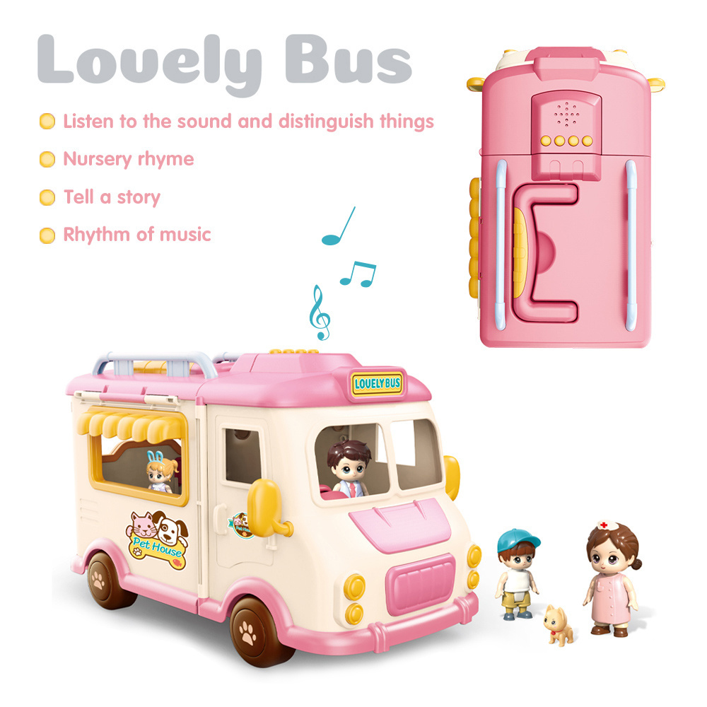 Lovely pretend play pet house car toys DIY educational cartoon characters kids bus toys sliding music pet car toys