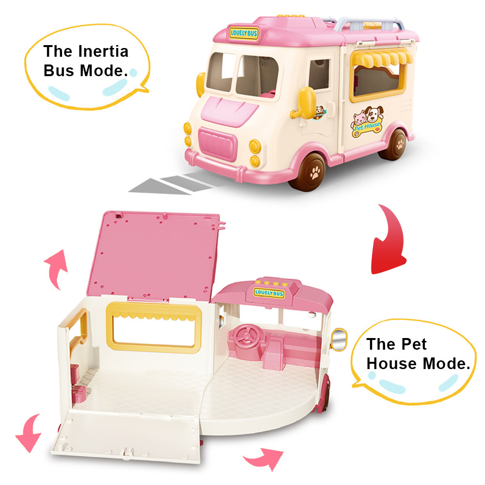 Lovely pretend play pet house car toys DIY educational cartoon characters kids bus toys sliding music pet car toys