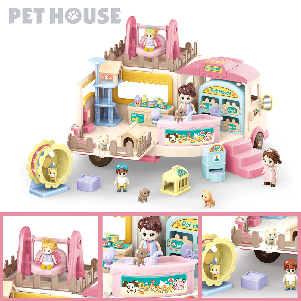 Lovely pretend play pet house car toys DIY educational cartoon characters kids bus toys sliding music pet car toys