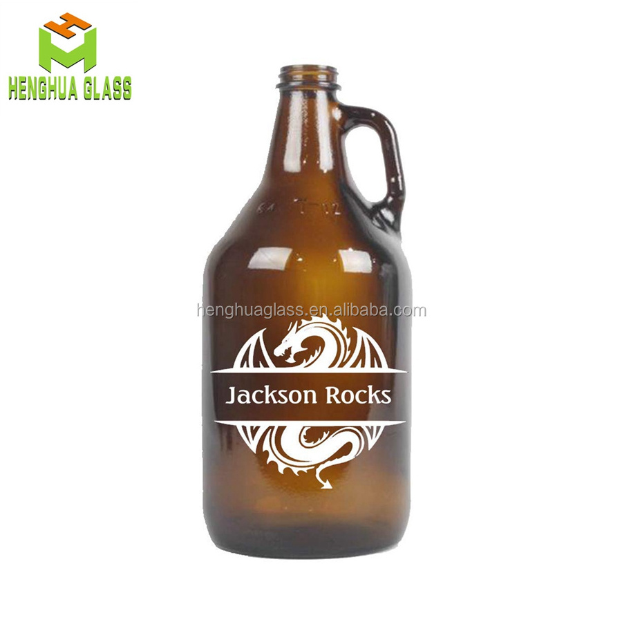 Custom Logo 32 oz 64oz  Amber Glass Beer Growler Bottle 1/4  1/2 Gallon Glass Jug 1L 2L beer glass bottle with handle