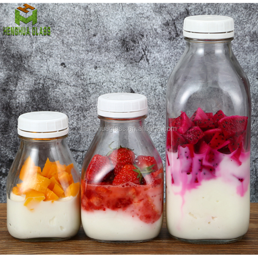 Empty high quality 300ml 400ml 500ml 1000ml French square glass fruit juice bottle milk liquid glass bottle with plastic cap