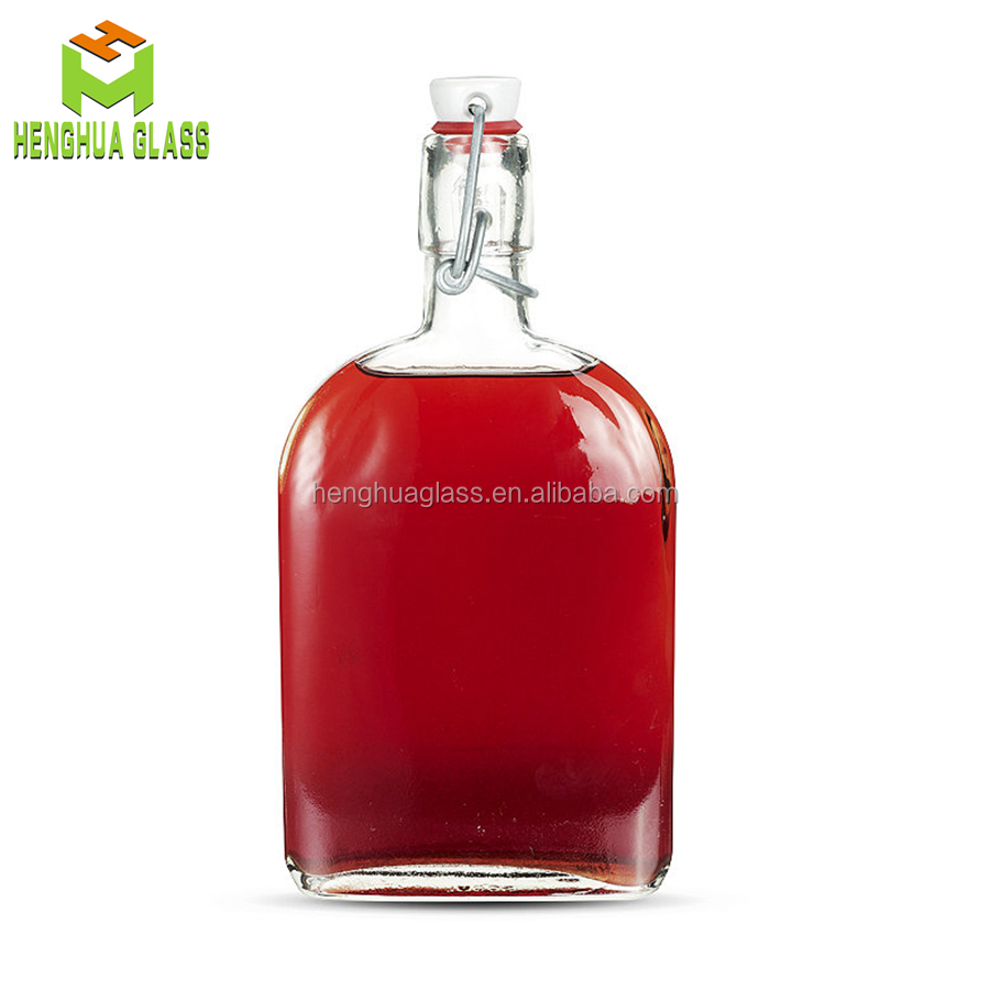 Empty flat 16oz  500ml sloe gin glass bottle for drink wine olive oil mineral water liquid container bottle with swing top cap