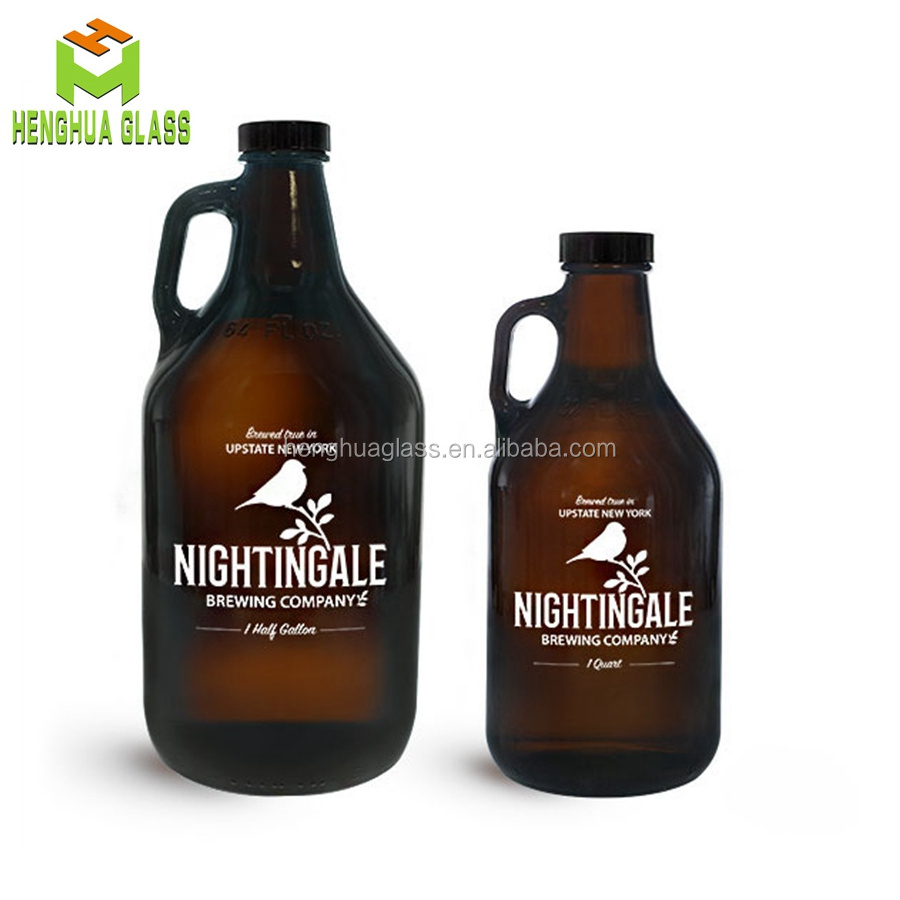 Custom Logo 32 oz 64oz  Amber Glass Beer Growler Bottle 1/4  1/2 Gallon Glass Jug 1L 2L beer glass bottle with handle