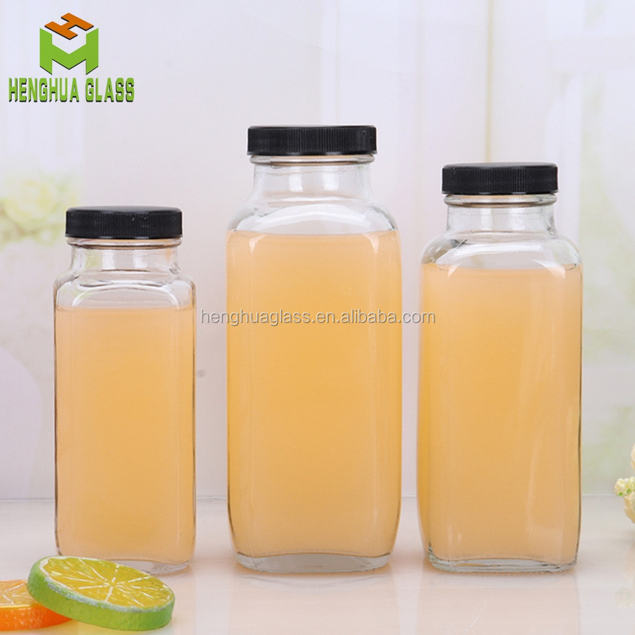 Empty high quality 300ml 400ml 500ml 1000ml French square glass fruit juice bottle milk liquid glass bottle with plastic cap