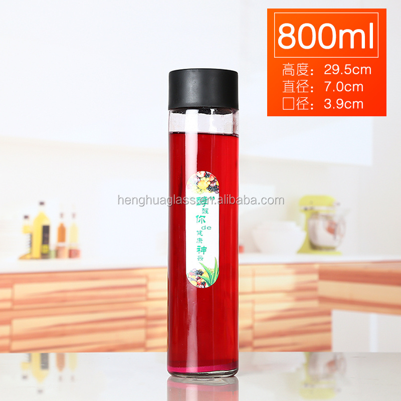 cylinder shape empty  800ml 28oz voss style mineral water glass juice liquid container bottle with plastic  black cap wholesale