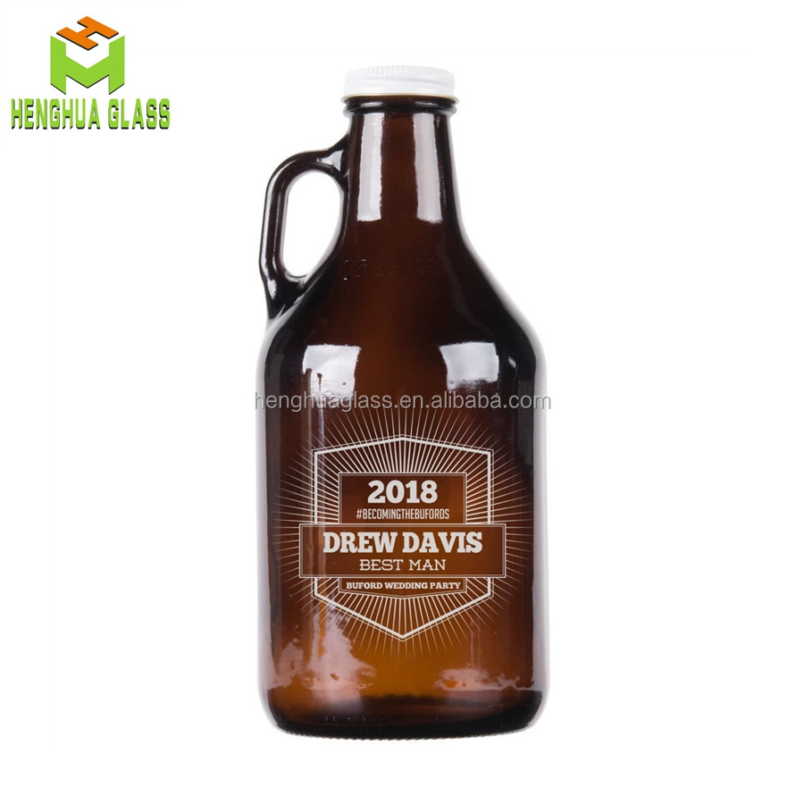 Custom Logo 32 oz 64oz  Amber Glass Beer Growler Bottle 1/4  1/2 Gallon Glass Jug 1L 2L beer glass bottle with handle