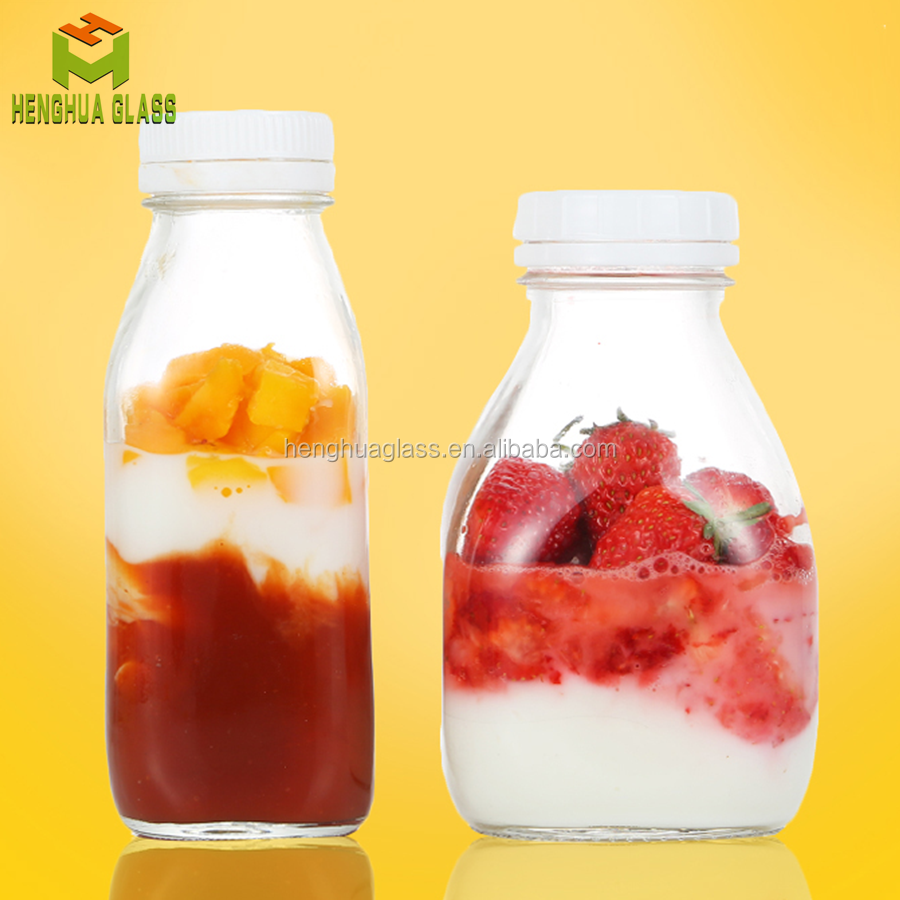 Empty high quality 300ml 400ml 500ml 1000ml French square glass fruit juice bottle milk liquid glass bottle with plastic cap