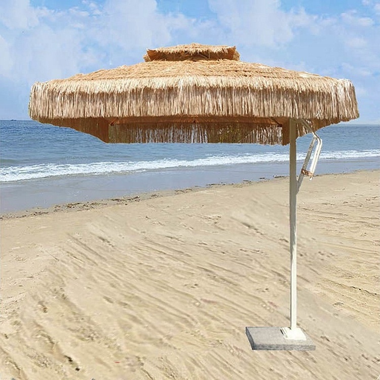 Big straw parasol aluminium mosquito netting patio umbrella PP grass beach umbrella  polyester customized