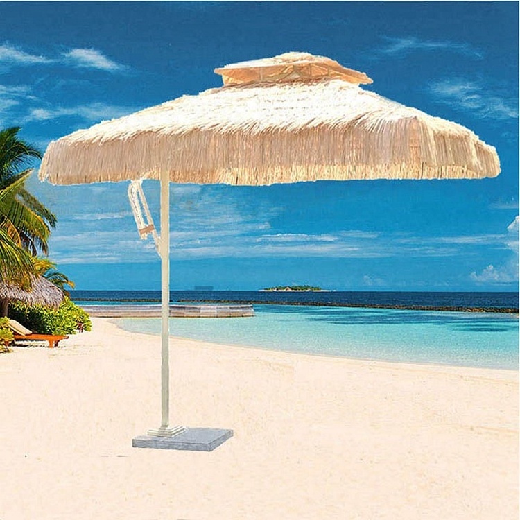 Big straw parasol aluminium mosquito netting patio umbrella PP grass beach umbrella  polyester customized