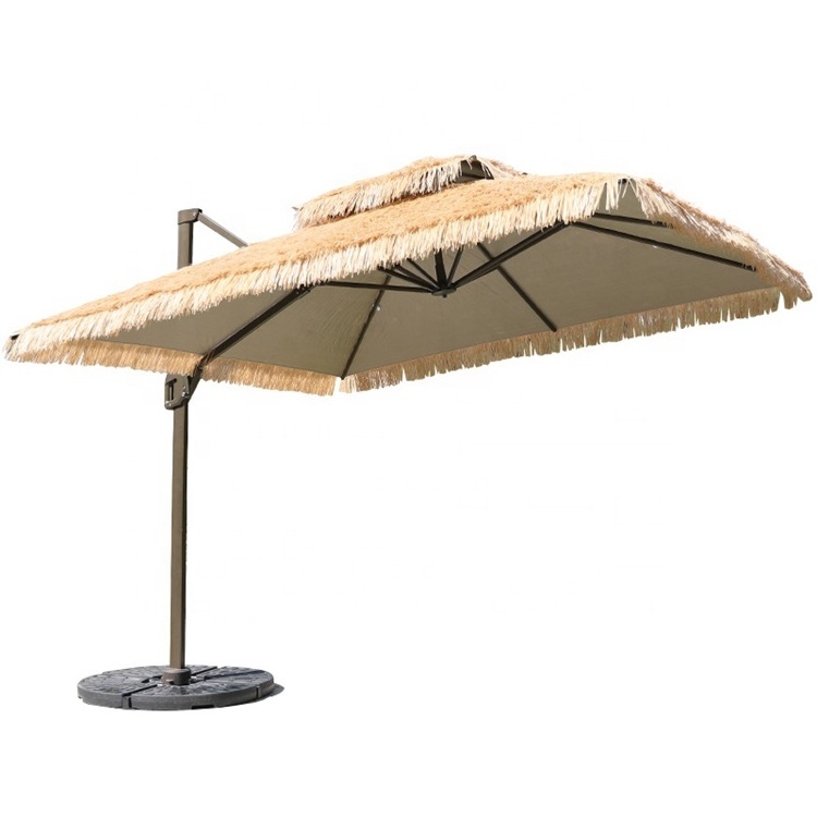 Big straw parasol aluminium mosquito netting patio umbrella PP grass beach umbrella  polyester customized