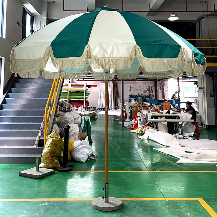 Sunshine Promotional Big Beach Sun Umbrella Custom Outdoor Wooden  Pole Premium Sun Parasol Luxury Umbrella With Tassels