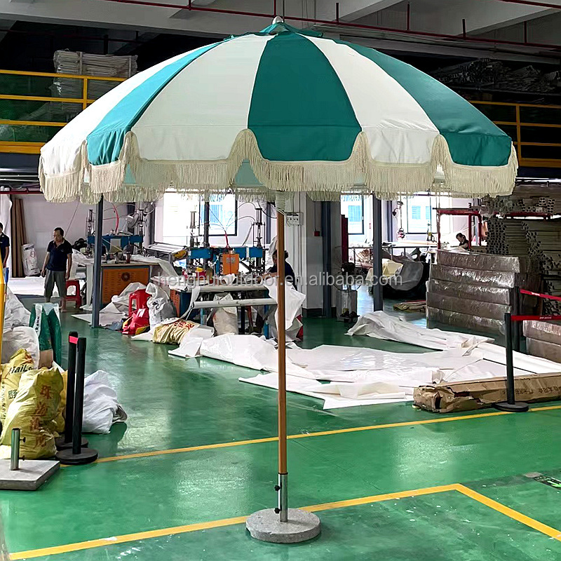 Sunshine Promotional Big Beach Sun Umbrella Custom Outdoor Wooden  Pole Premium Sun Parasol Luxury Umbrella With Tassels