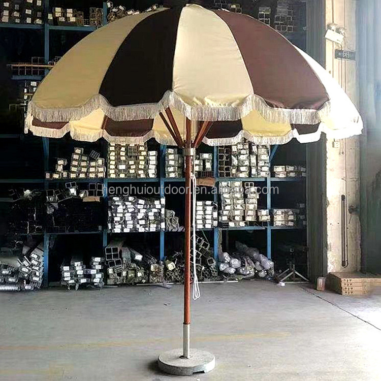 Sunshine Promotional Big Beach Sun Umbrella Custom Outdoor Wooden  Pole Premium Sun Parasol Luxury Umbrella With Tassels