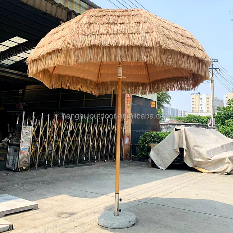 Hawaii Tropical Synthetic Thatch Tiki Tilt Straw Raffia Beach Umbrellas with Wood Painted Effect Pole garden umbrellas