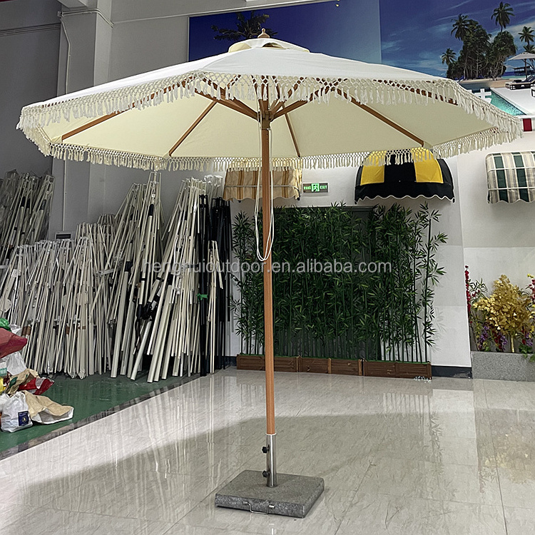 Custom Heavy Duty Large Outdoor Wooden color Pole Boho White Macrame Bali Beach Umbrella with Tassel Fringe Sun Parasol